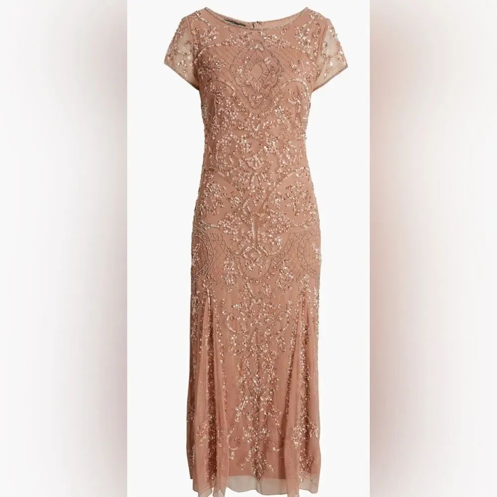Pisarro Nights Women's Beaded Mesh Midi Gown Nude Beige Size 6 Formal Dress
